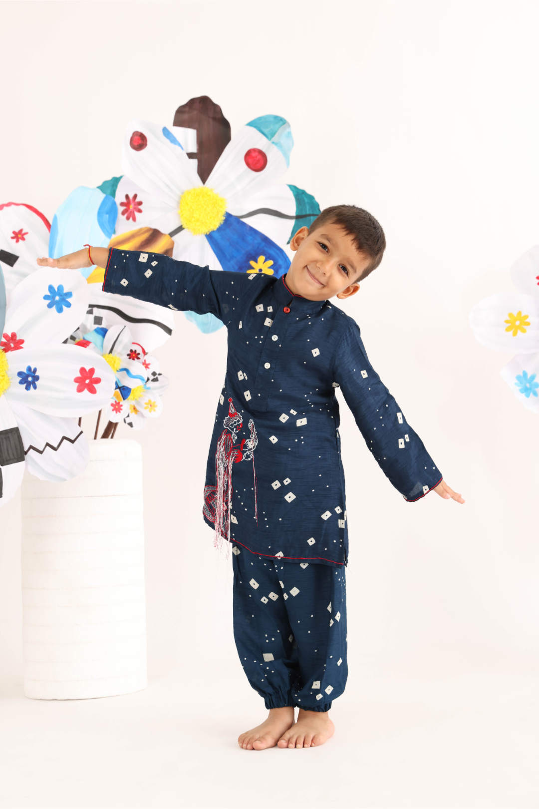 Blue Bandhani Print Silk Kurta with Fun Embroidered Joker and Blue Pyjama for Boys