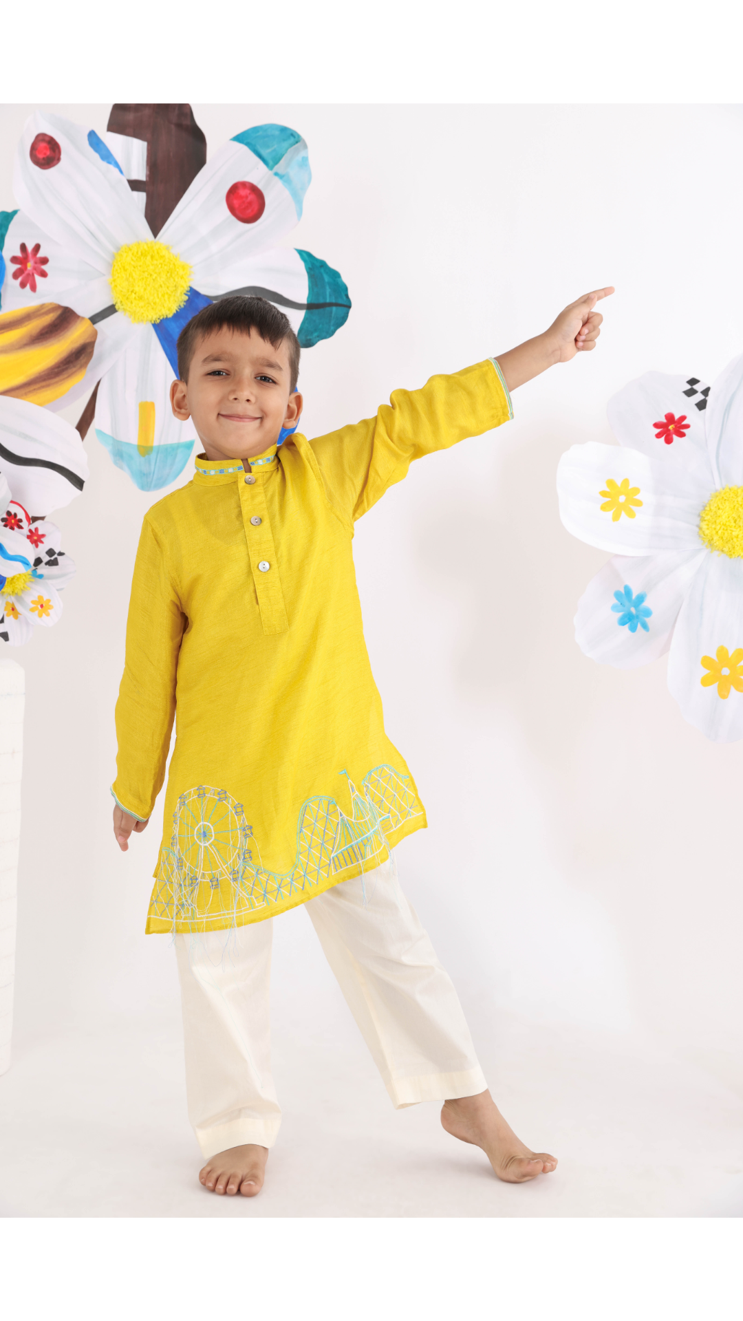 Yellow Kurta with Embroidered Carnival Scene and White Pyjama for Boys