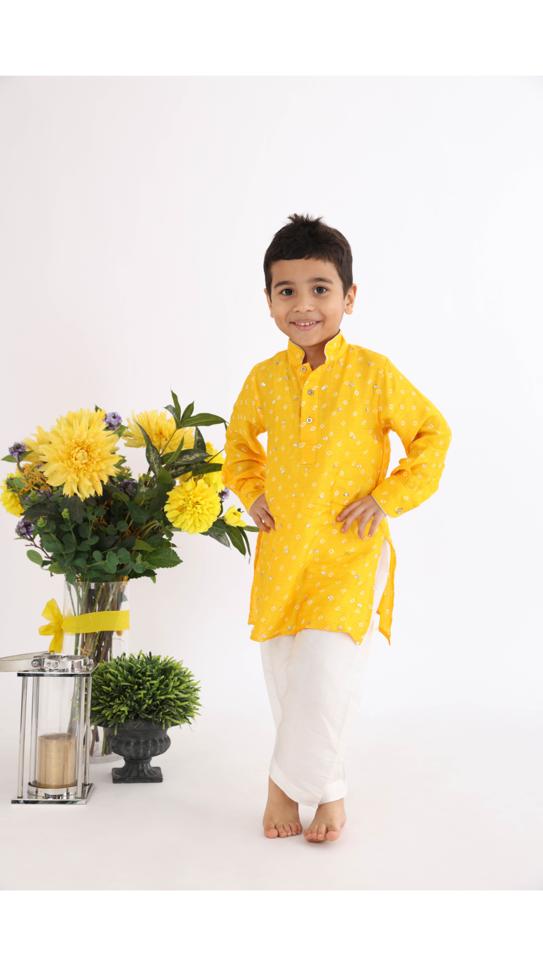 Yellow Silk Bandhani Print Kurta with Sequence Embroidery and White Pyjama for Boys