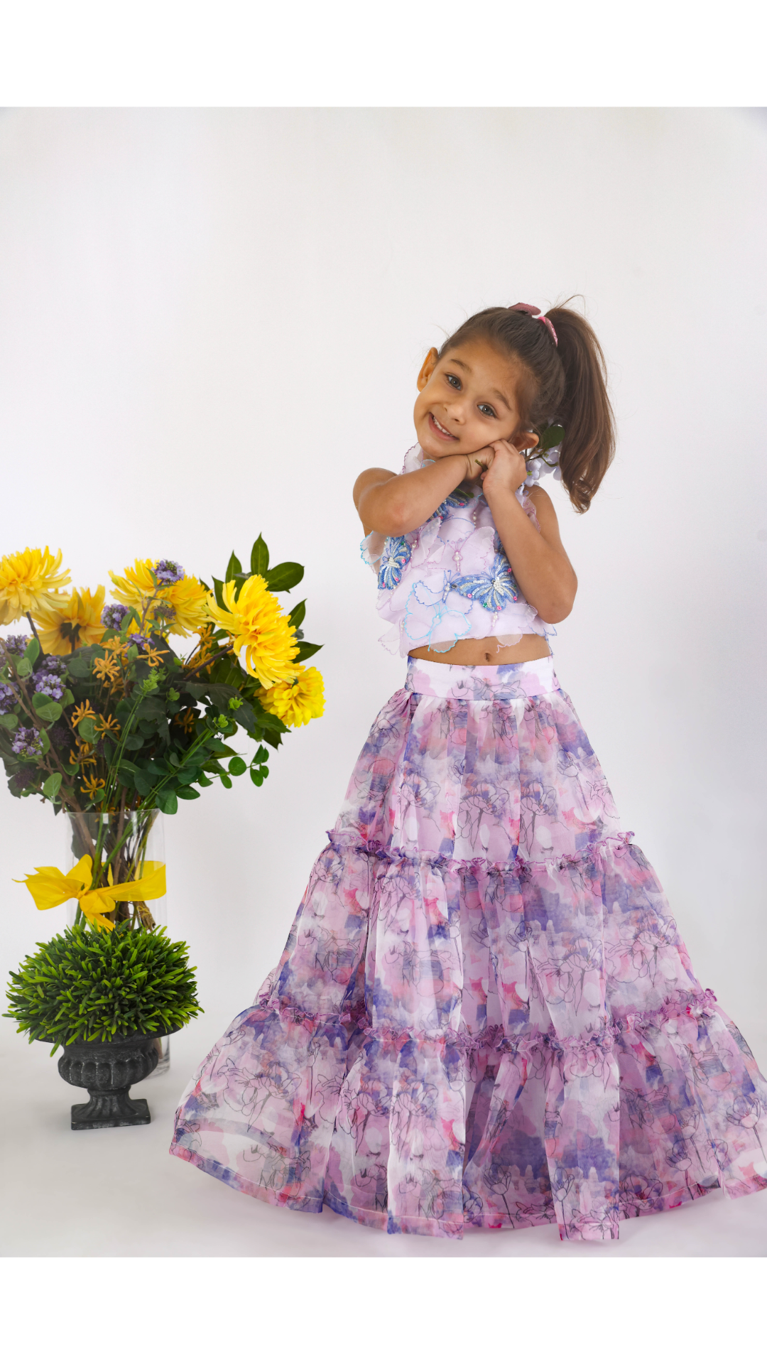 Purple Silk Halter Blouse with Threadwork and Cutwork Butterflies with Printed Layered Organza Lehenga for Girls