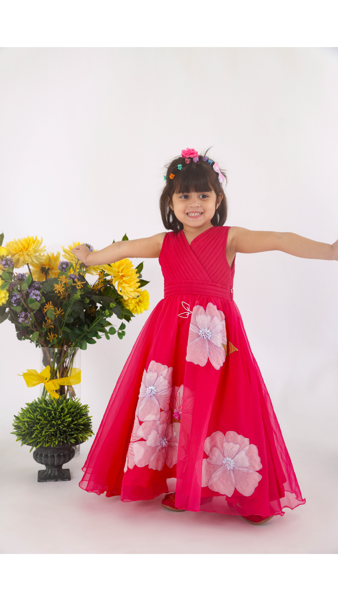 Pink Organza Gown with Pleated Yoke 3D Floral Cutwork and Floral Embroidery for Girls