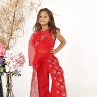 Red Organza Embroidered Drape Top with Silk Inner and Embroidered Silk Palazzo Set for Girls