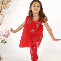 Red Organza Embroidered Drape Top with Silk Inner and Embroidered Silk Palazzo Set for Girls