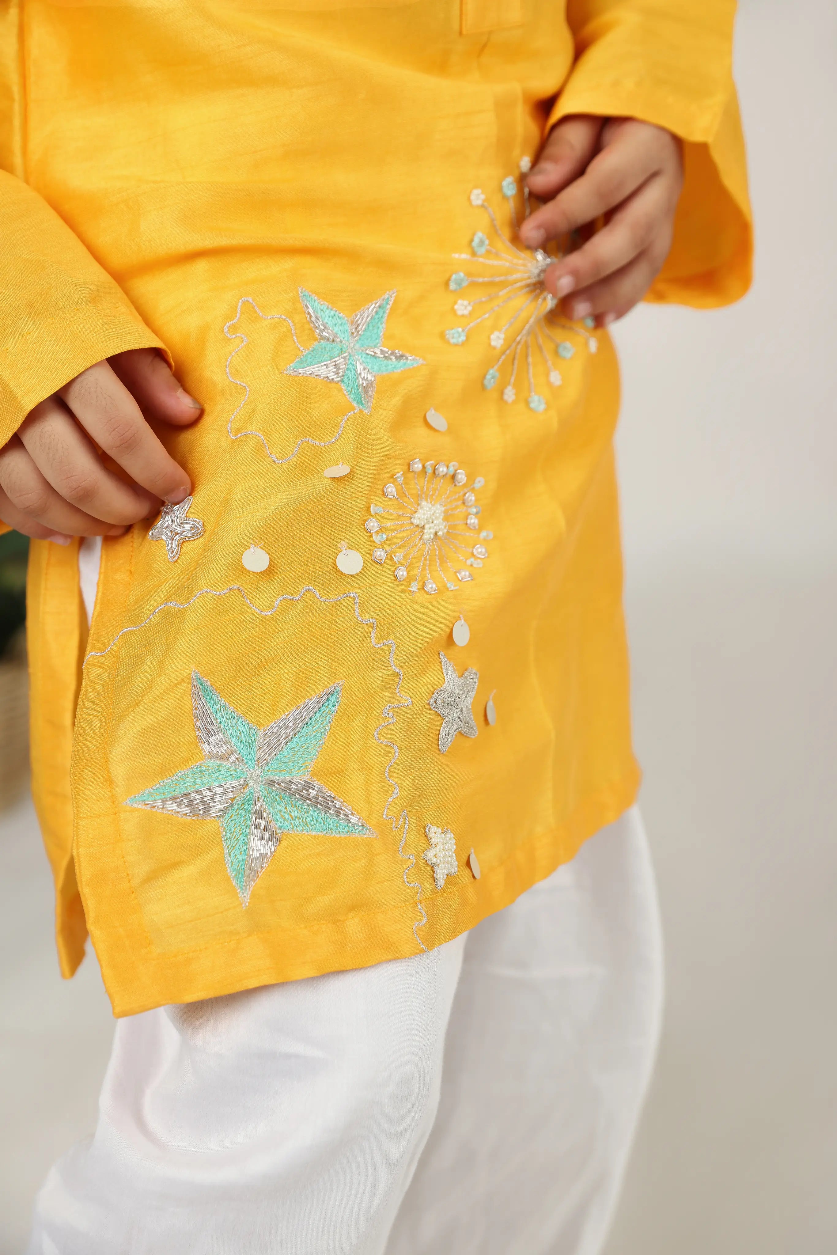 Kesar Embroidered Starry Night Silk Kurta with White Pyjama Set for Boys