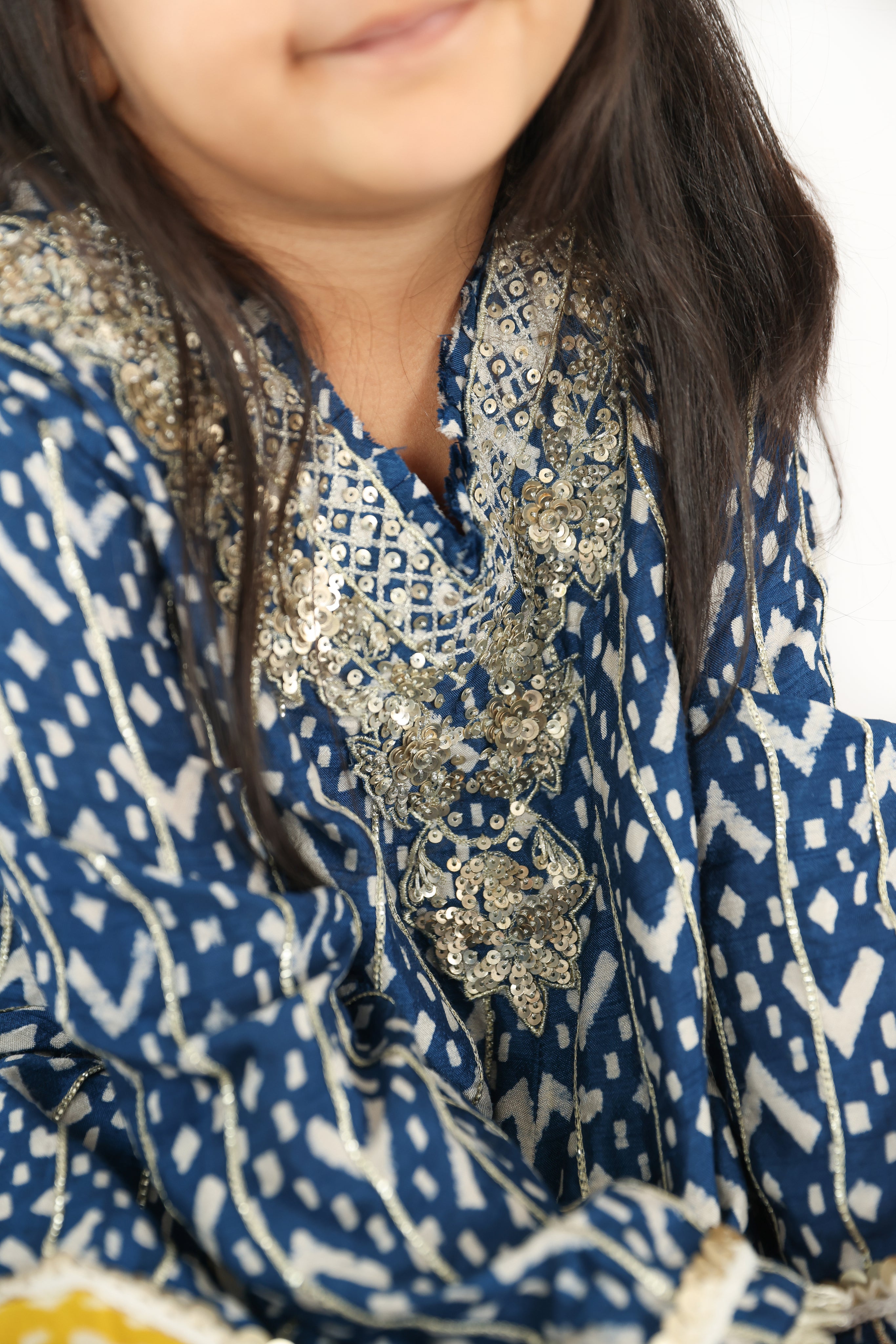 Beautiful Printed Blue Top with Heavy Embroidered Yolk with Pants for Girls