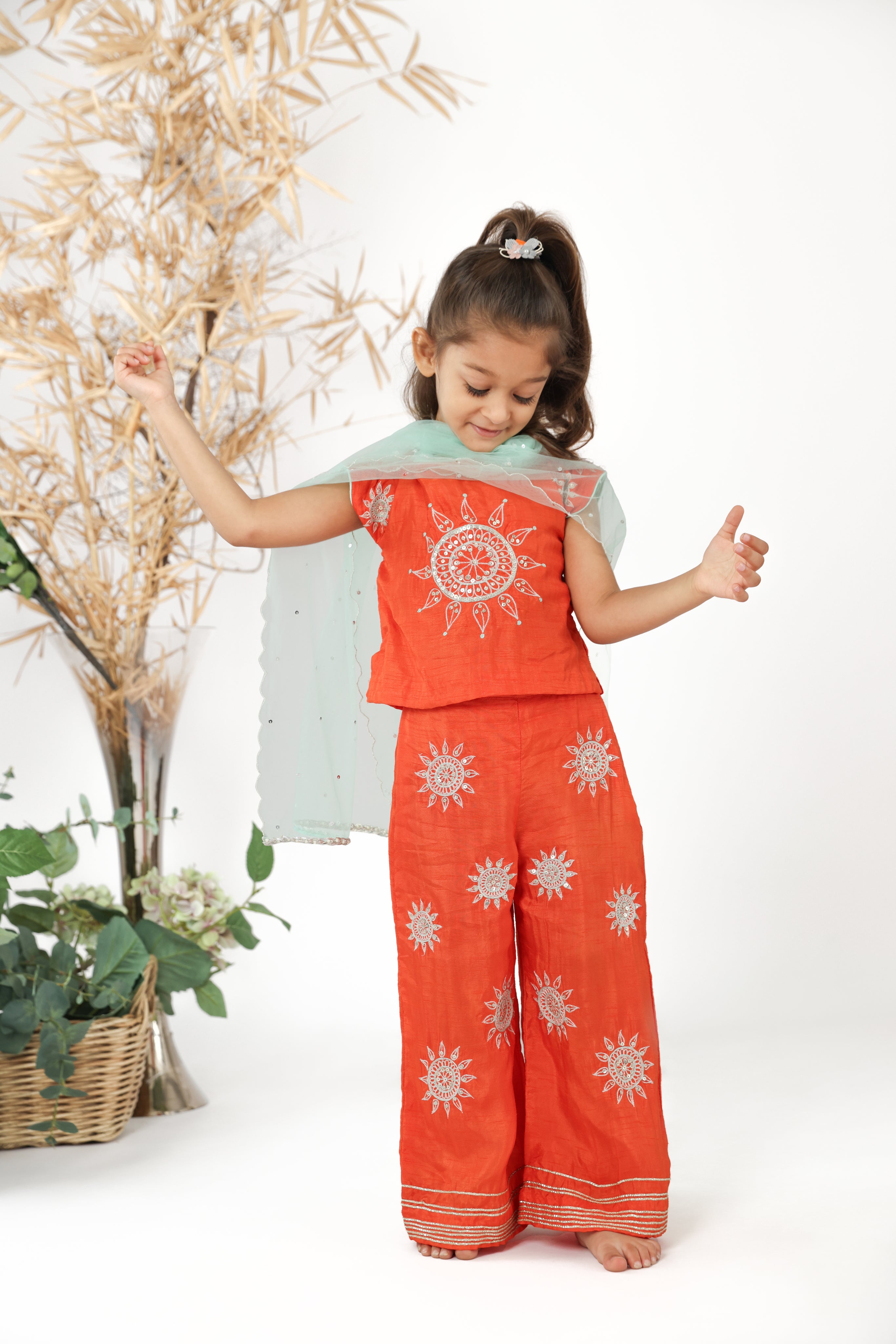 Traditional Orange Silk Top with Embroidered Sun and Pants with Sea Green Dupatta Set for Girls