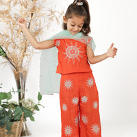 Traditional Orange Silk Top with Embroidered Sun and Pants with Sea Green Dupatta Set for Girls