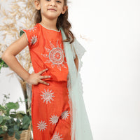 Traditional Orange Silk Top with Embroidered Sun and Pants with Sea Green Dupatta Set for Girls