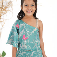 Stunning Printed Mint Green Embroidered Muslin Top with Garara Set for Girls