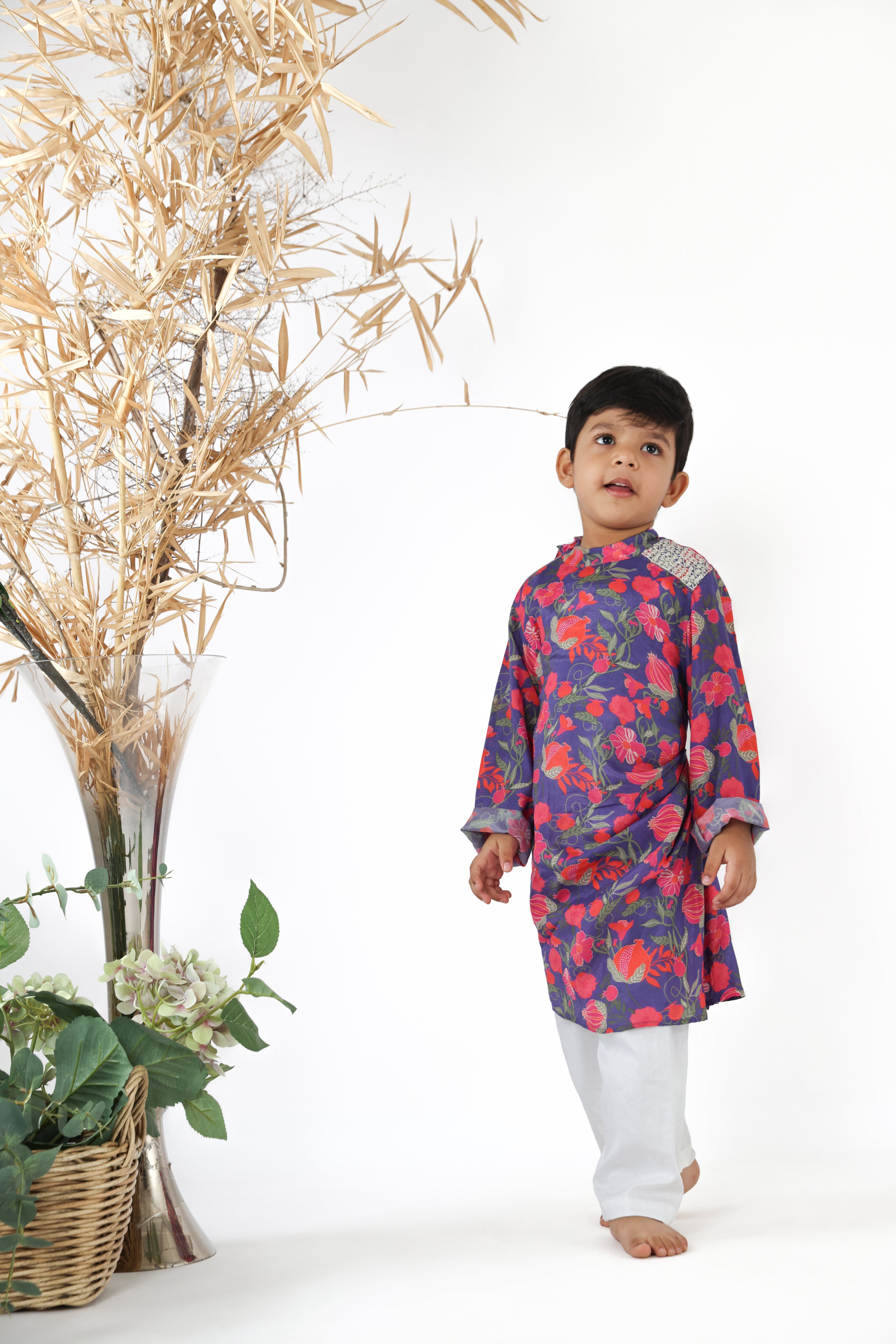 Floral Printed Purple Drape Kurta with White Pyjama Set for Boys