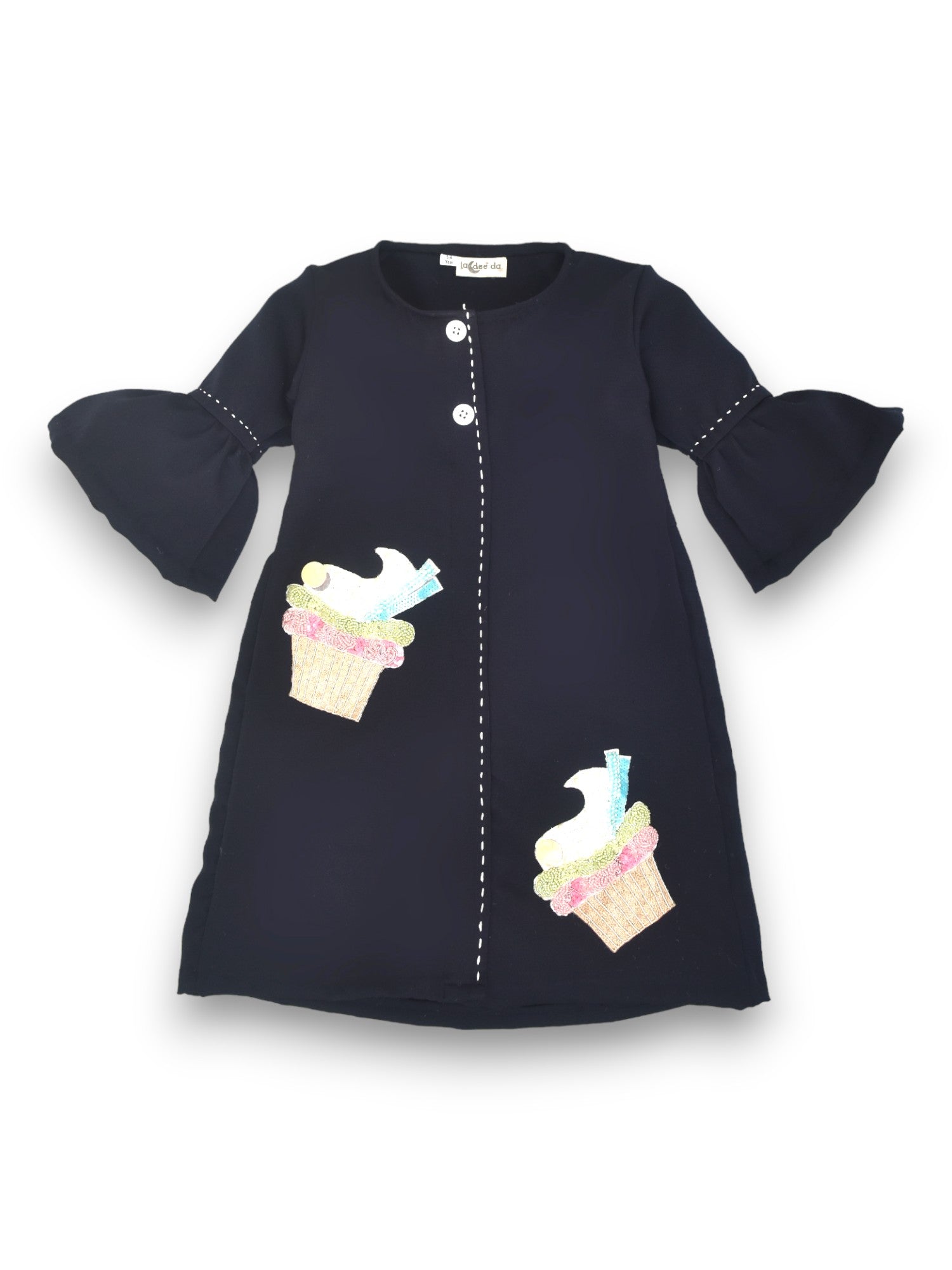 Blue Dress Adorned with Sweet Embroidered Cupcakes