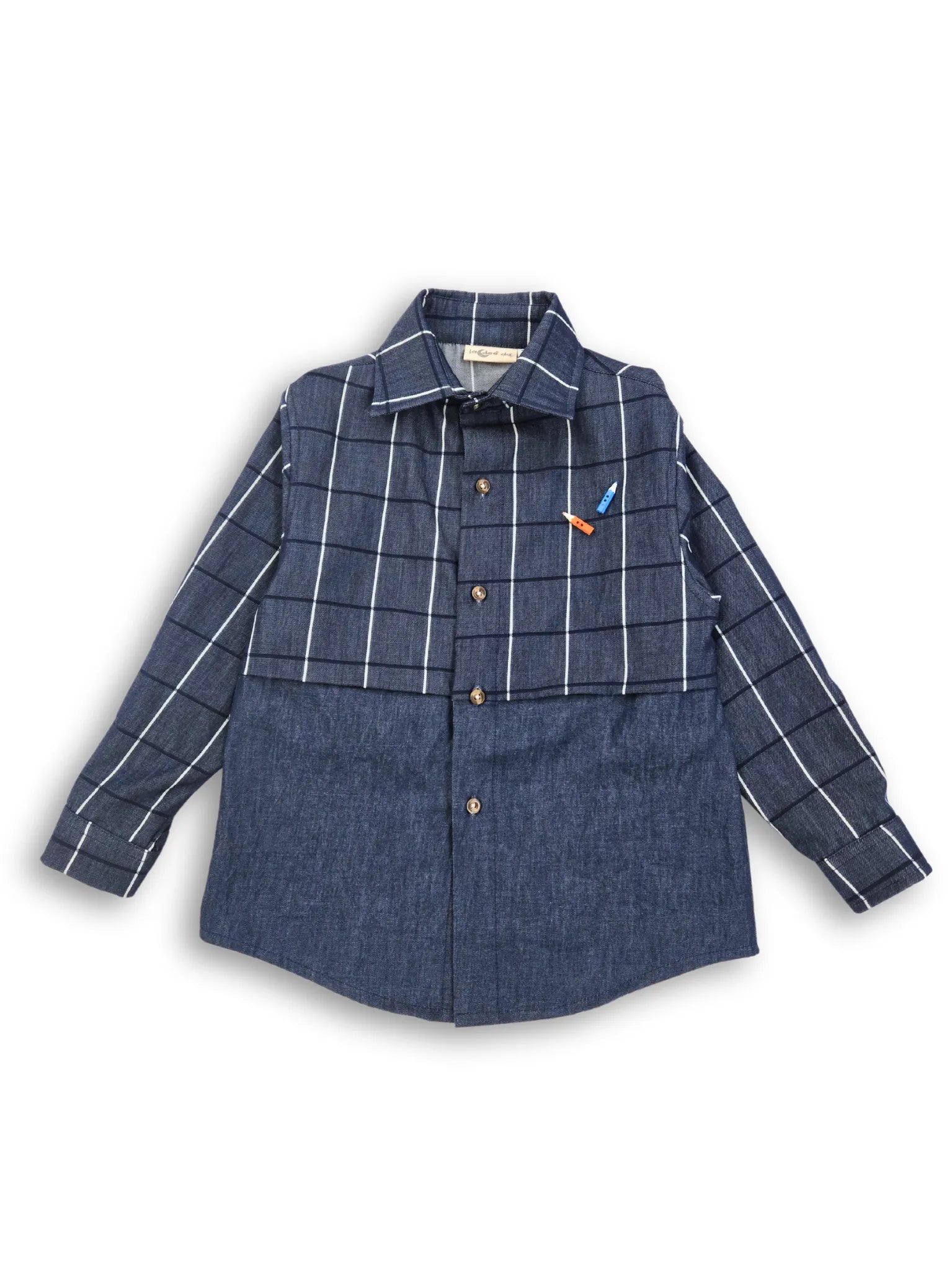 Dark Denim Checks Half and Half Boys Shirt with Pencils