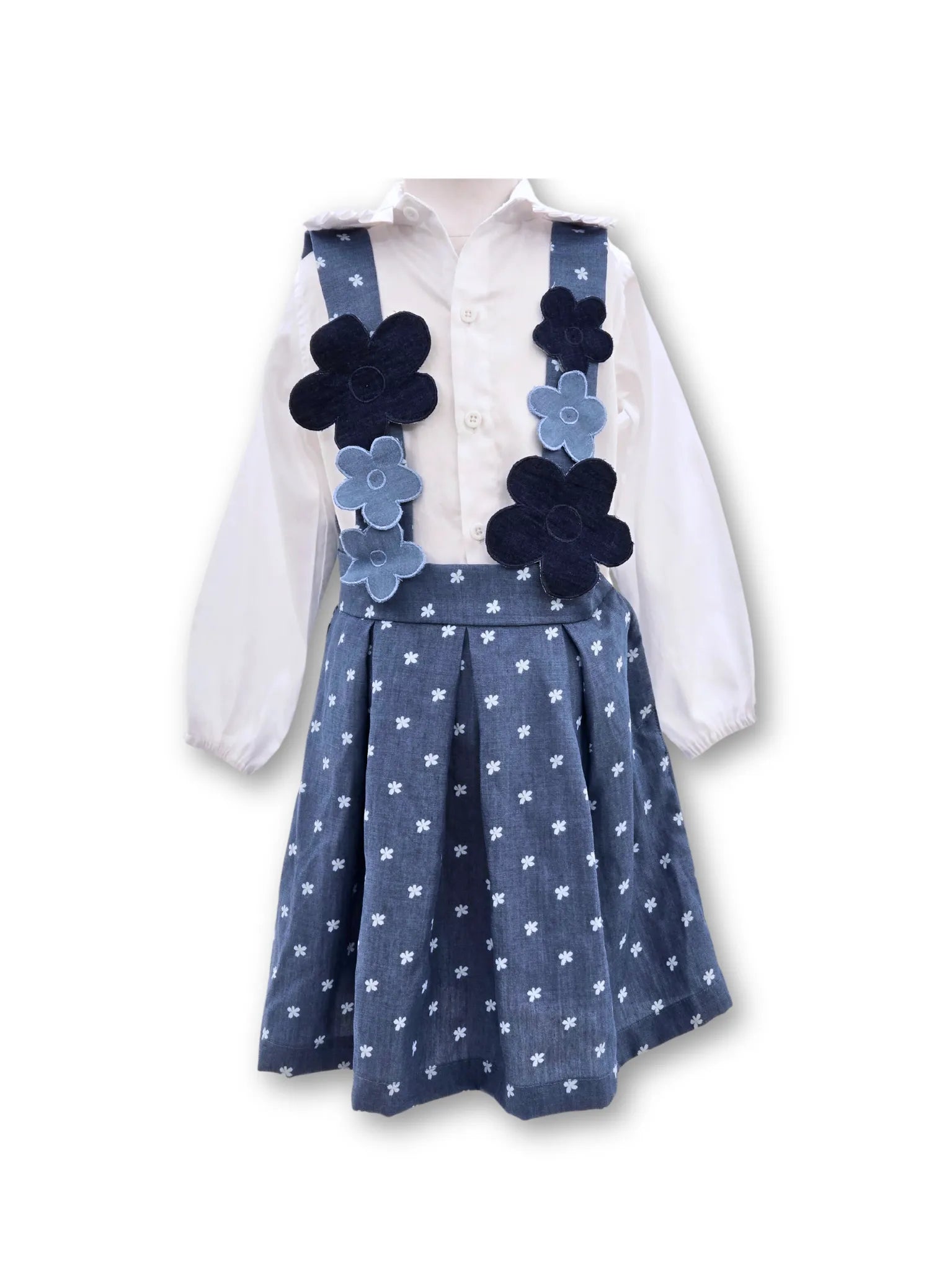 Denim Floral Jumper Skirt with a White Shirt