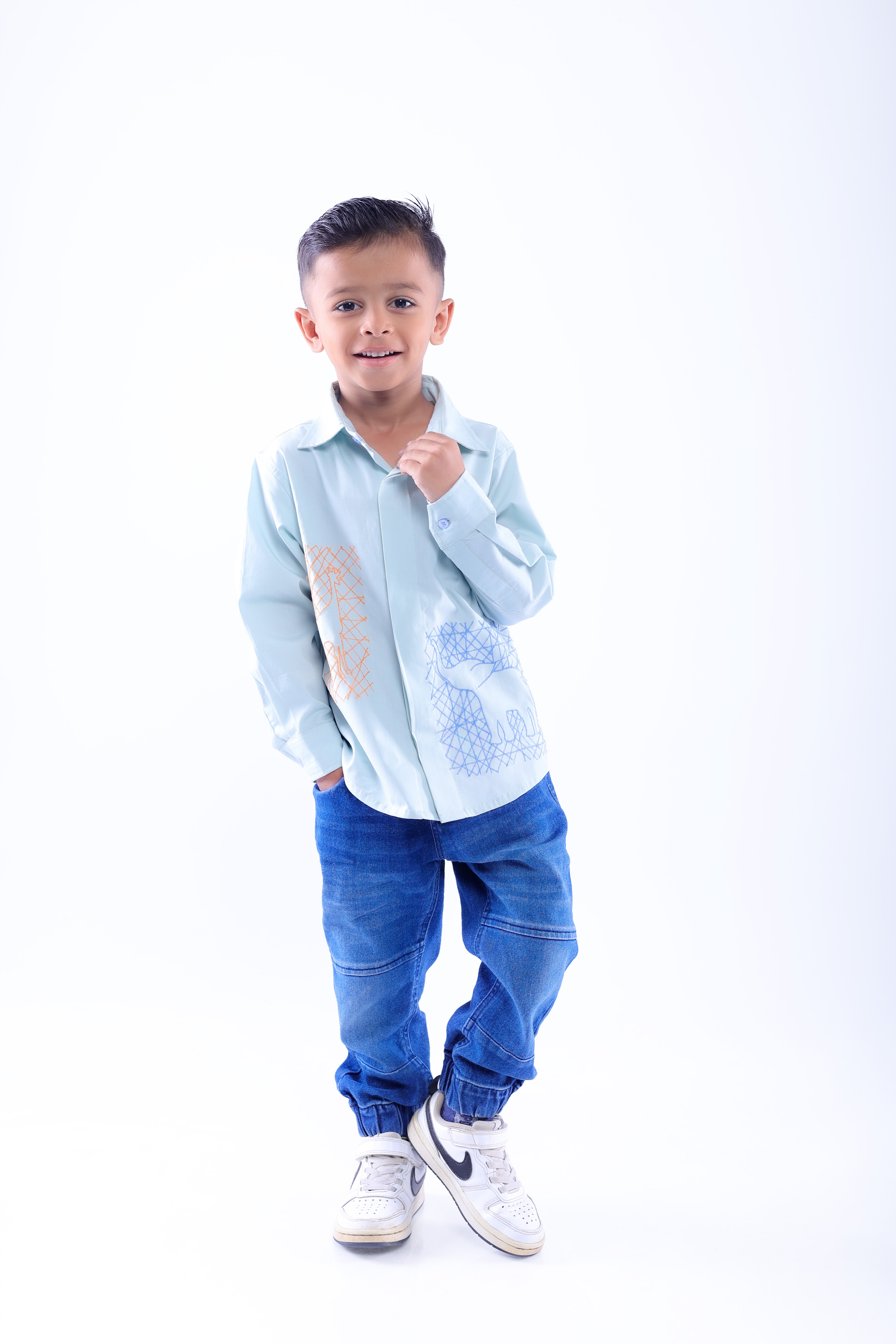 Animal Embroidered Blue Shirt