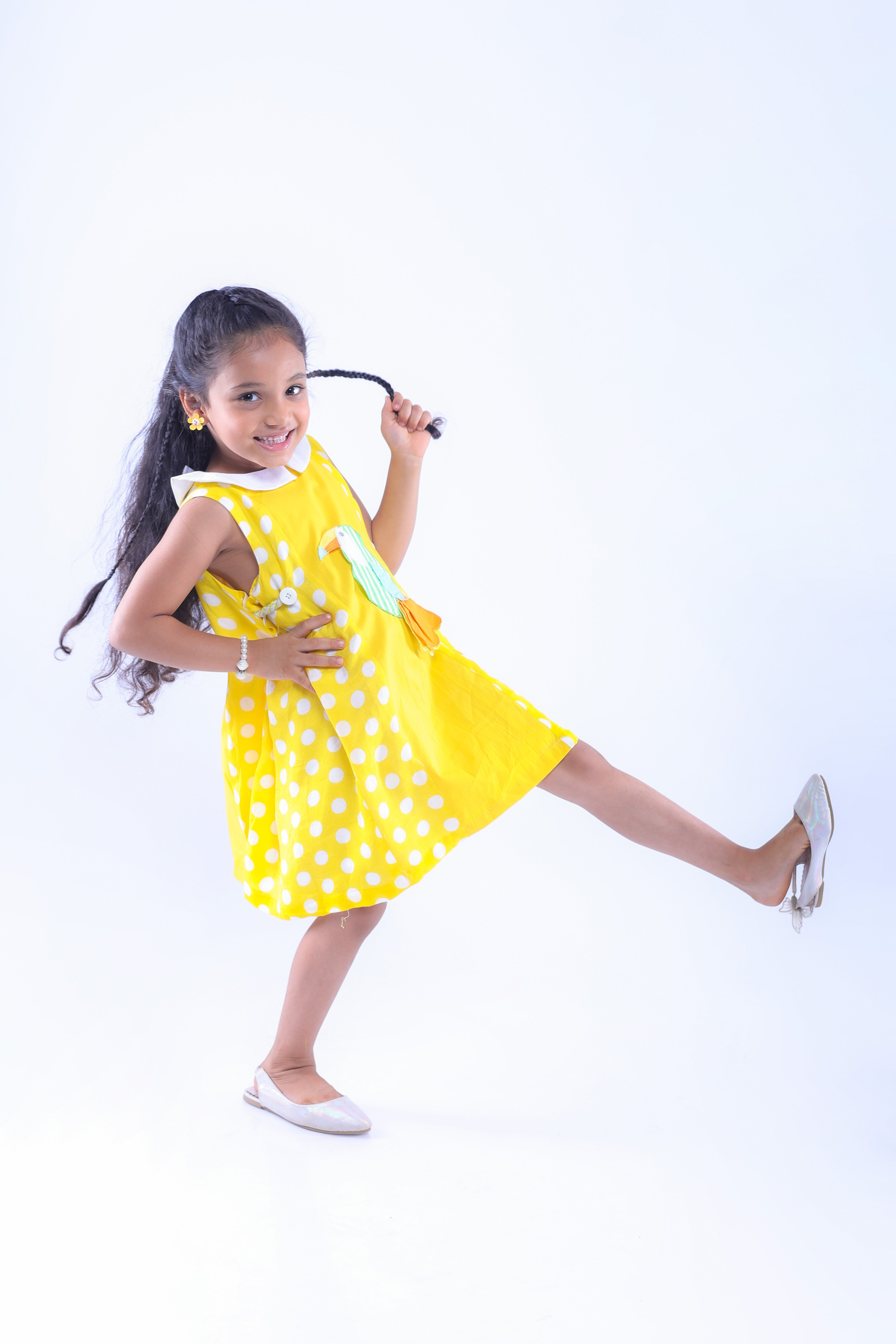 Yellow Dress with Embroidered Woodpecker