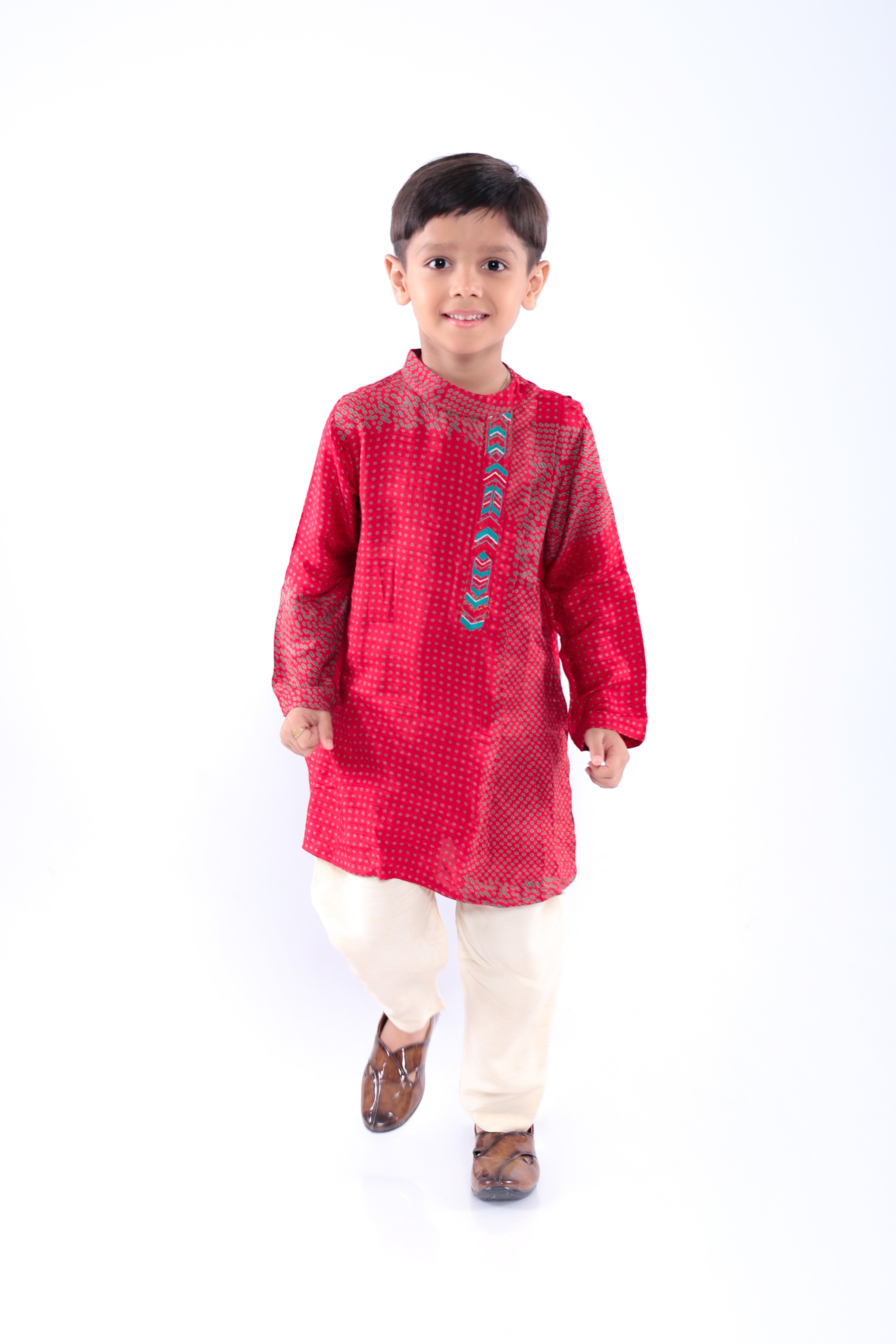 Red and Green Dotted Print Kurta with Off White Pyjama