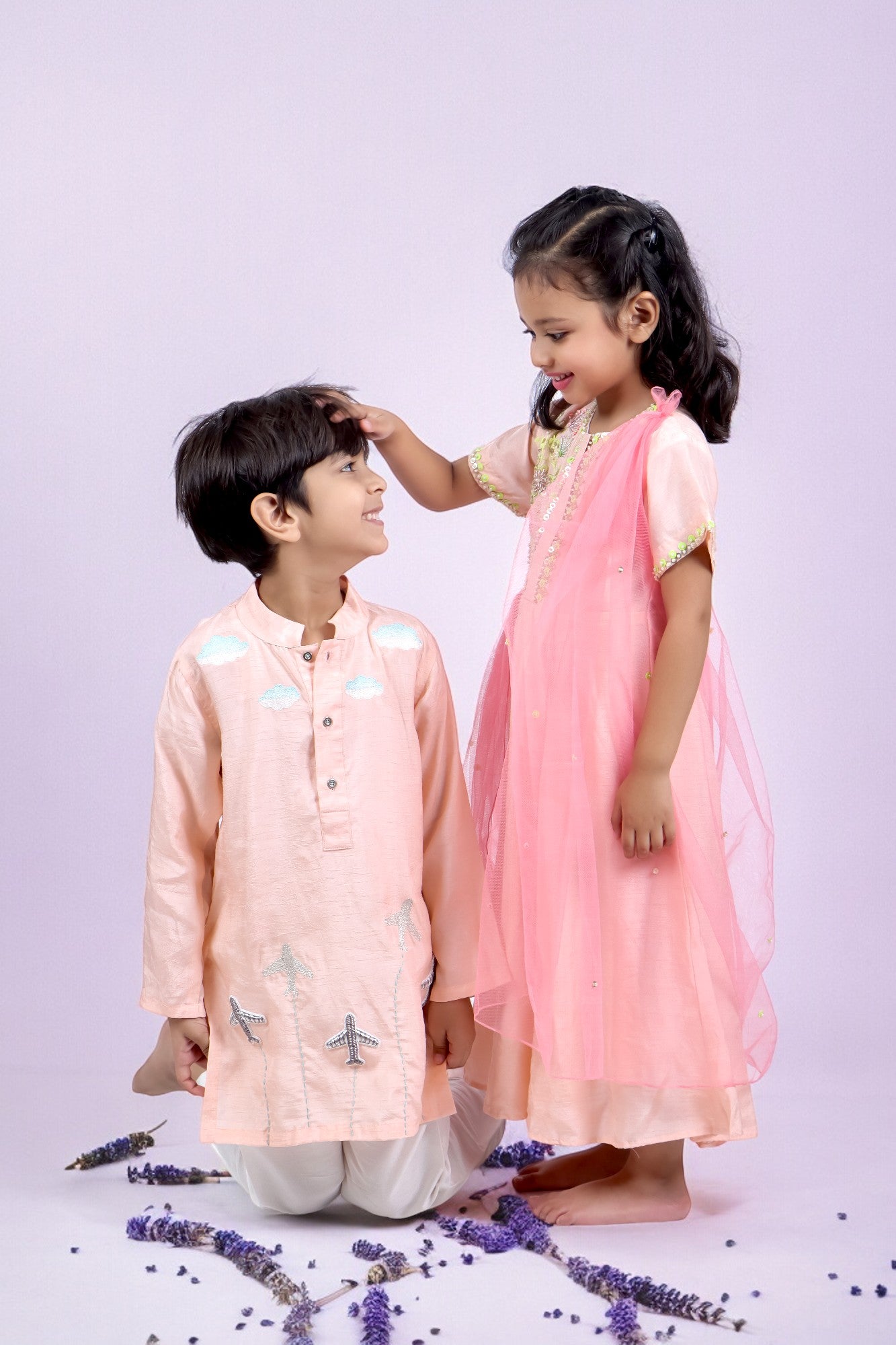 Anarkali with Attached Pink Dupatta and Airplane Kurta and Pyjama