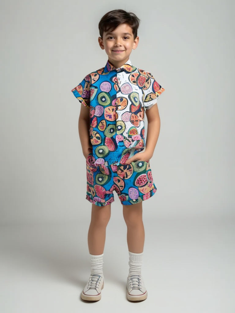 Citrus Splash Dual Tone Boys Cotton Shirt and Shorts