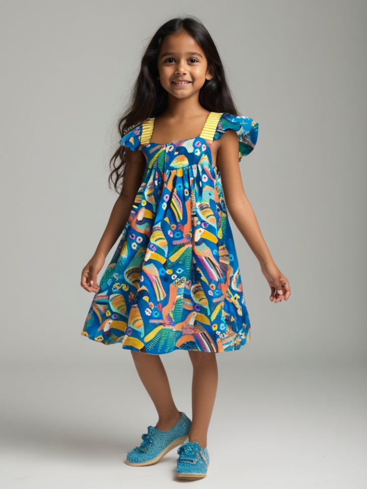 Tropical Tweet Bird Cotton Blue Dress