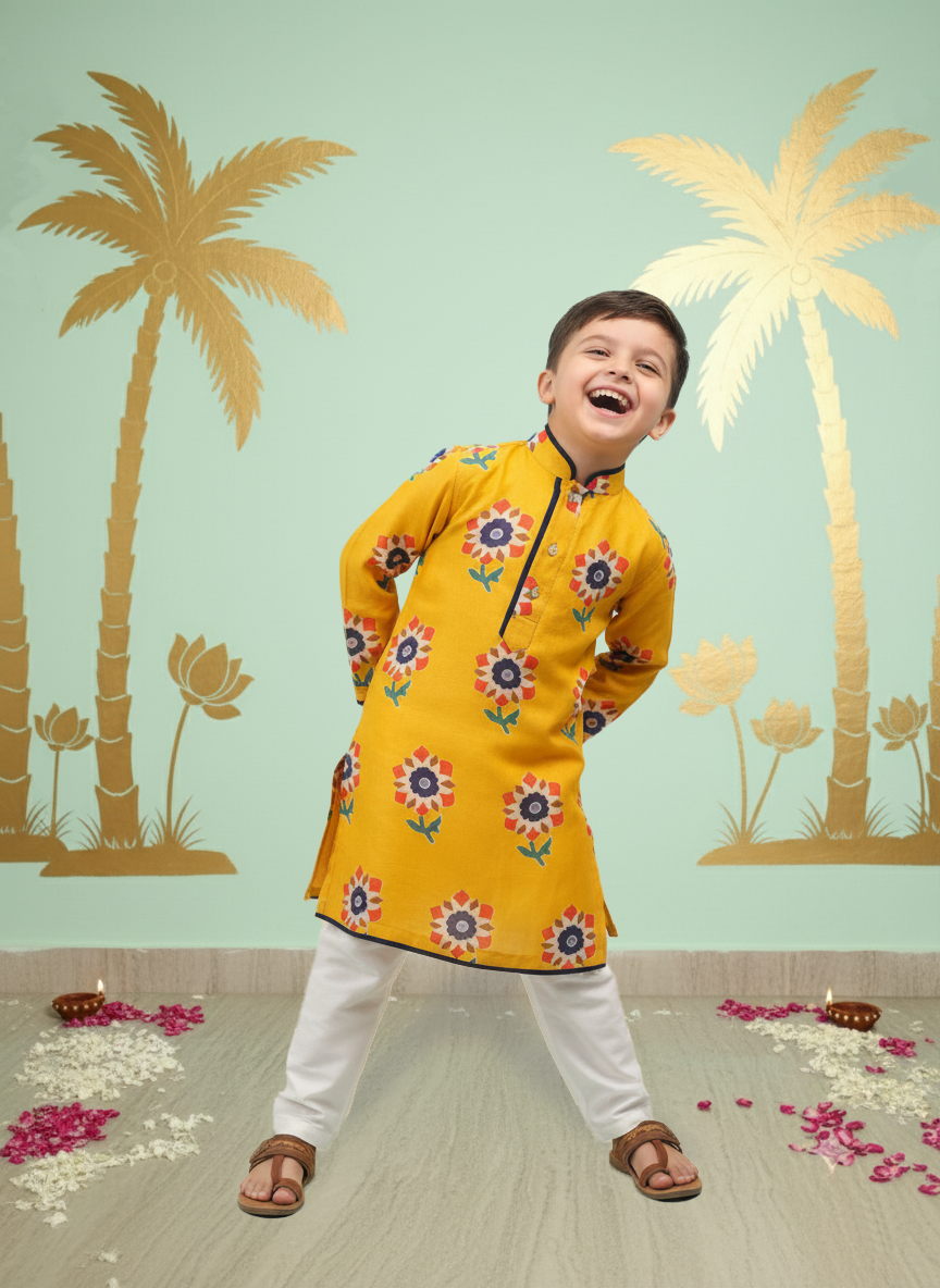 Sunshine Bloom Yellow Printed Kurta Set for Boys