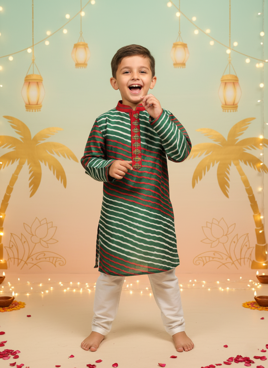 Red and Green Striped Kurta Set for Boys