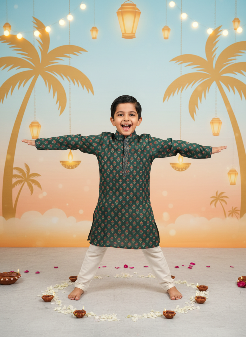 Green Floral Printed Kurta Set for Boys