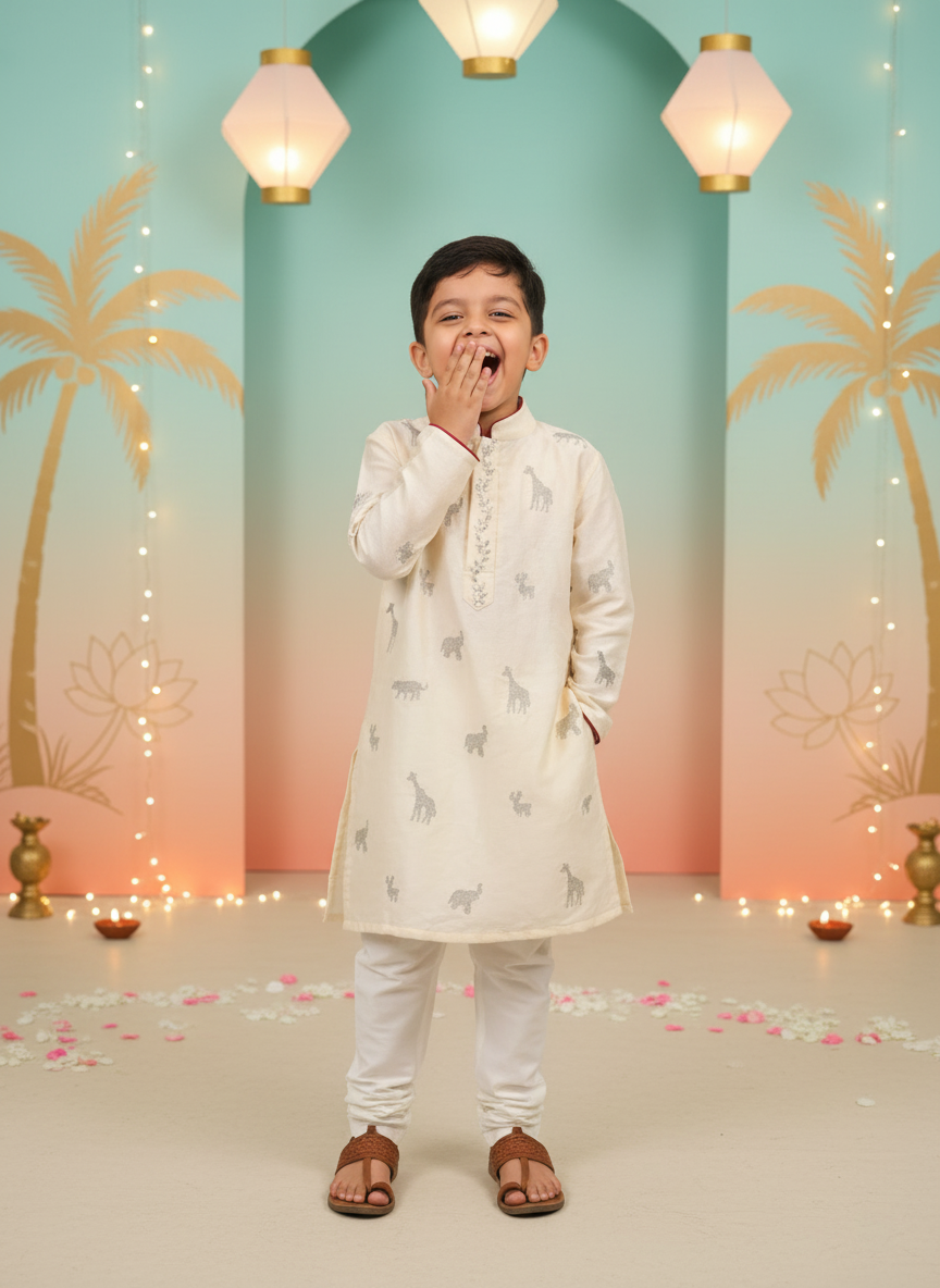Ivory Safari Embroidered Kurta Set for Boys