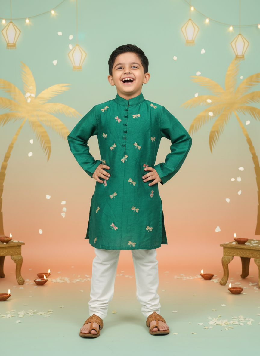 Green Dragonfly Embroidered Kurta Set for Boys