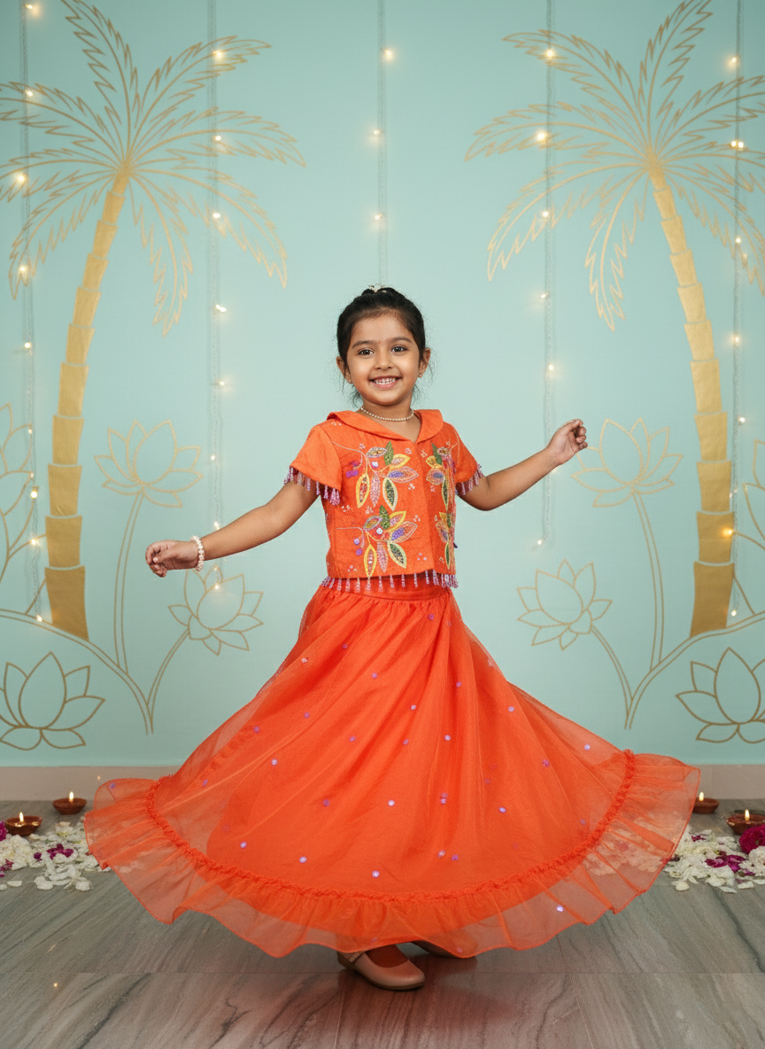 Orange Botanical Embroidered Top & Organza Skirt Set for Girls