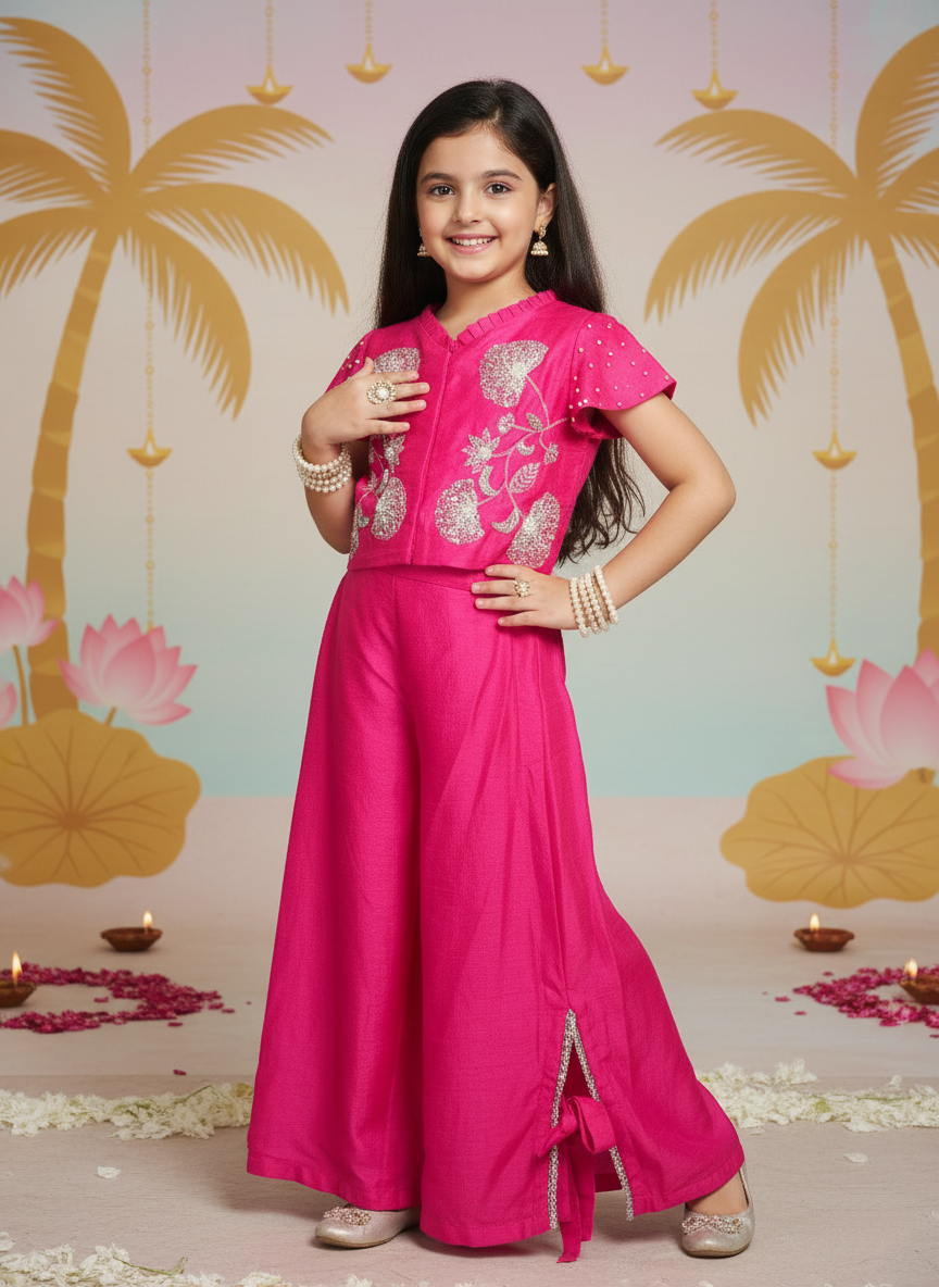Radiant Fuchsia Pearl Embroidered Top & Palazzo Set for Girls