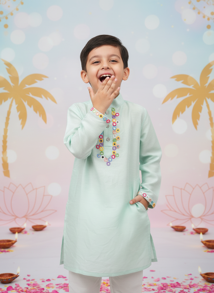 Mint Mirror Work Embroidered Kurta Set for Boys
