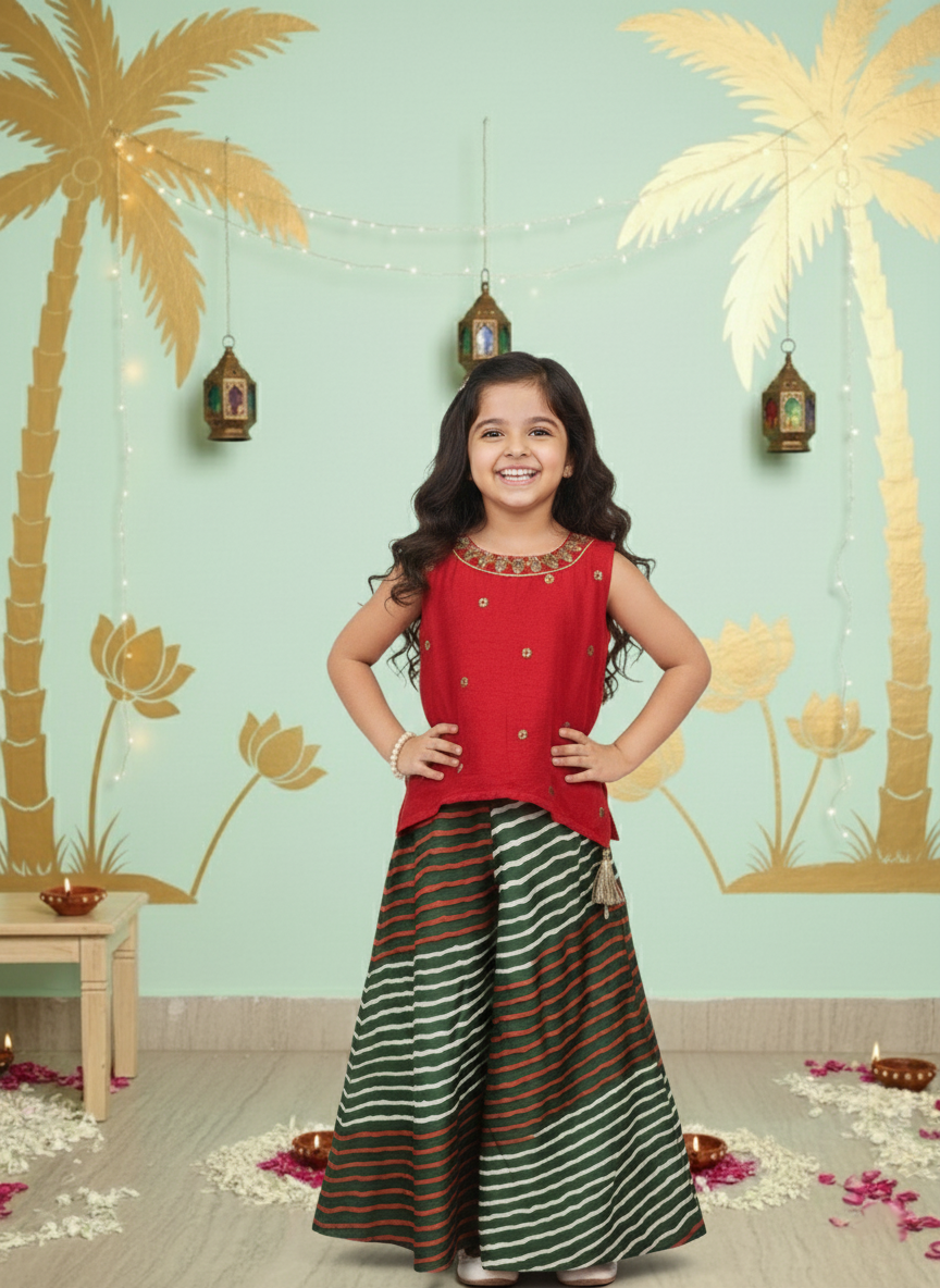 Festive Stripes & Scarlet Sparkle Top and Palazzo Set for Girls