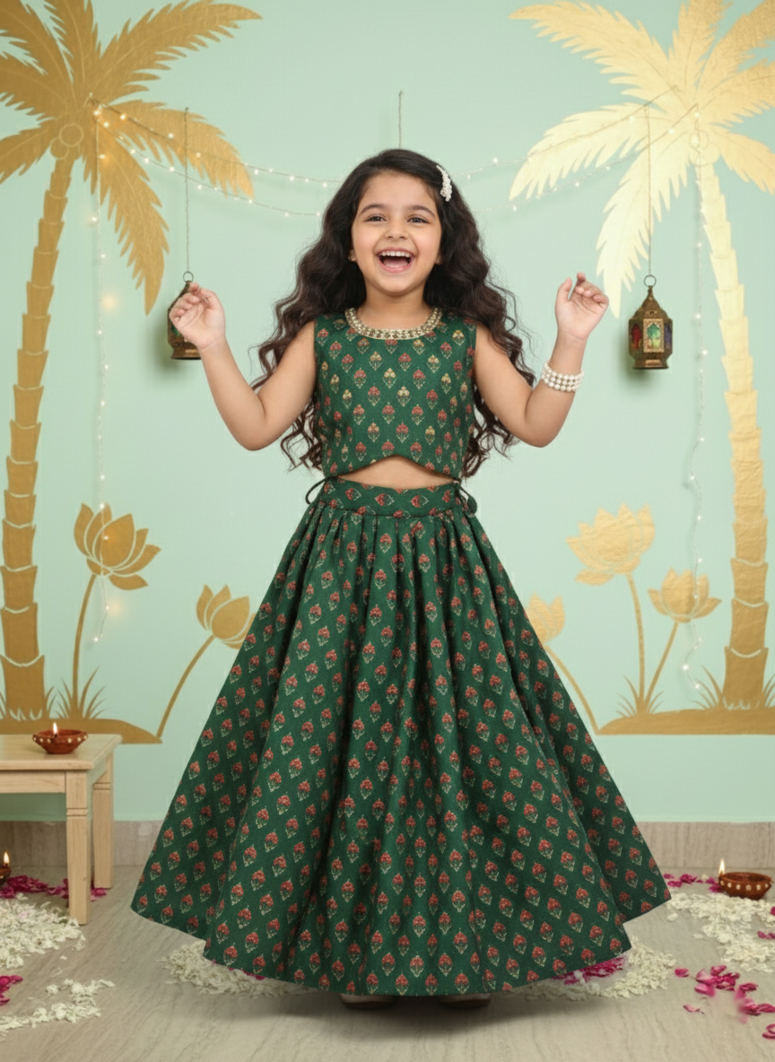 Floral Bloom Printed Top & Pleated Lehenga Set for Girls