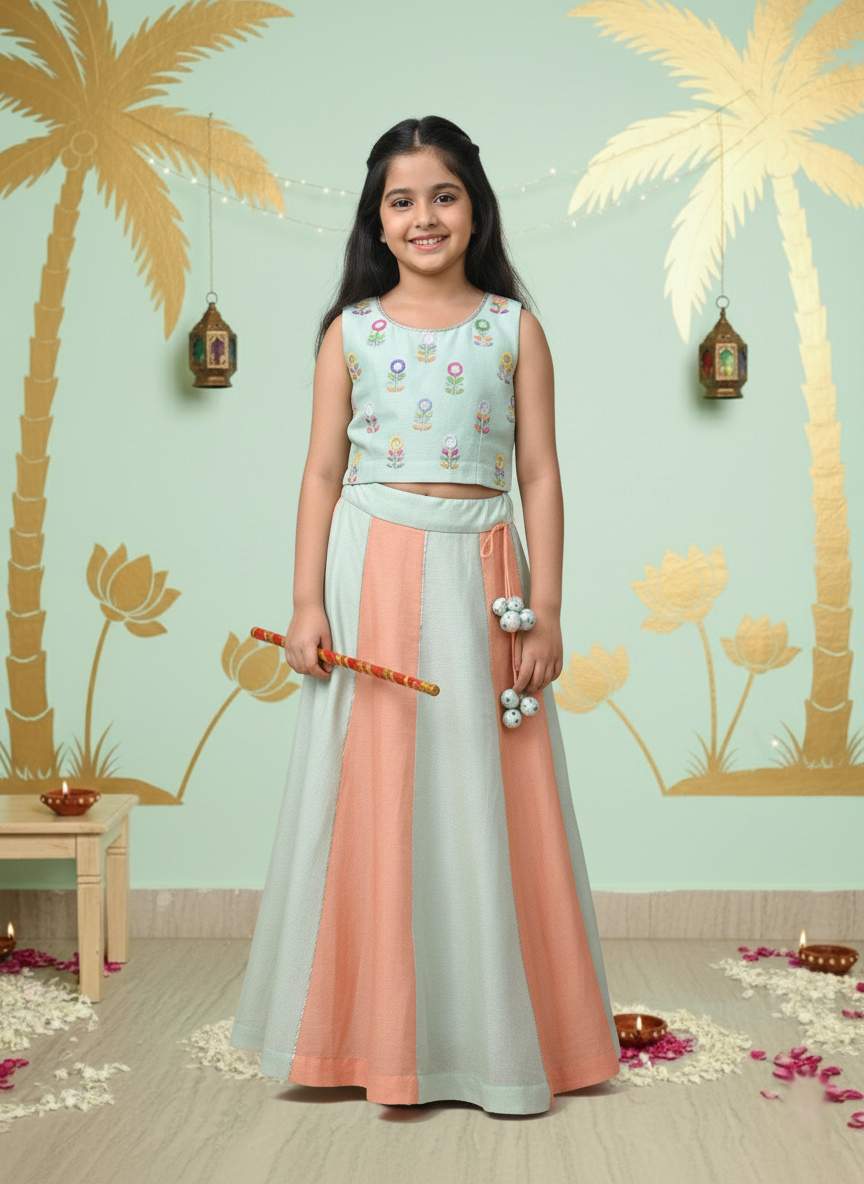 Beautiful Mirror Work Floral Top with Gota Panelled Lehenga Set for girls