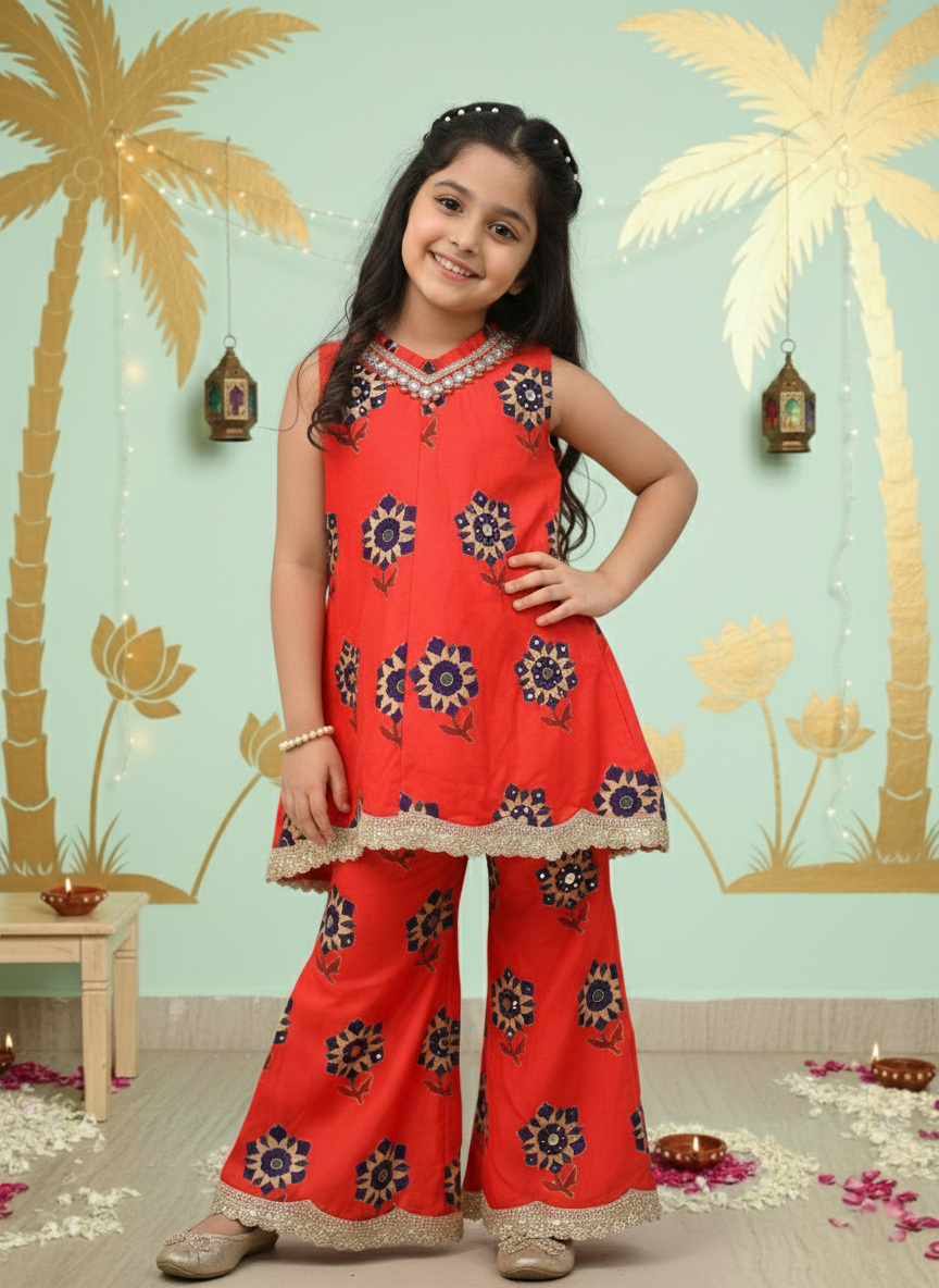 Marigold Mirrorwork Kurta and Pant Set for Girls