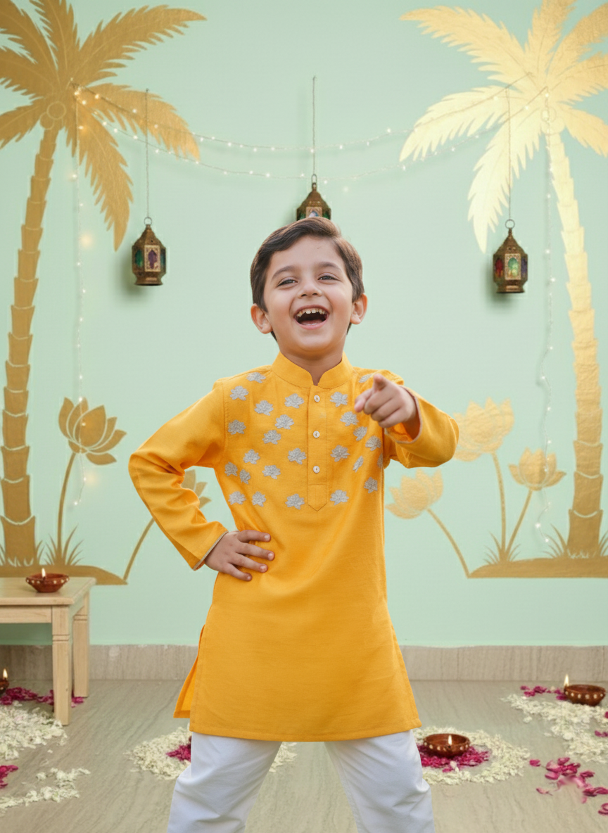 Yellow Lotus Embroidered Kurta Set for Boys
