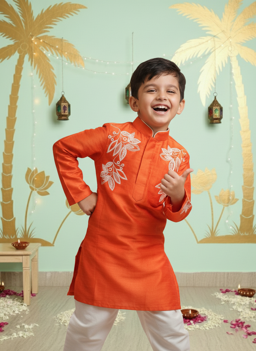 Fiery Orange Radiance: Embroidered Kurta-Pajama Set for Boys