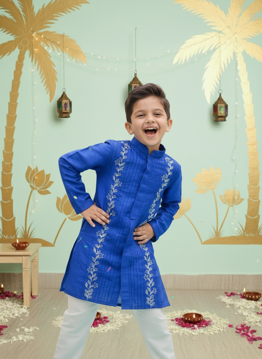 Royal Blue Elegance: Embroidered Kurta-Pajama Set for Boys