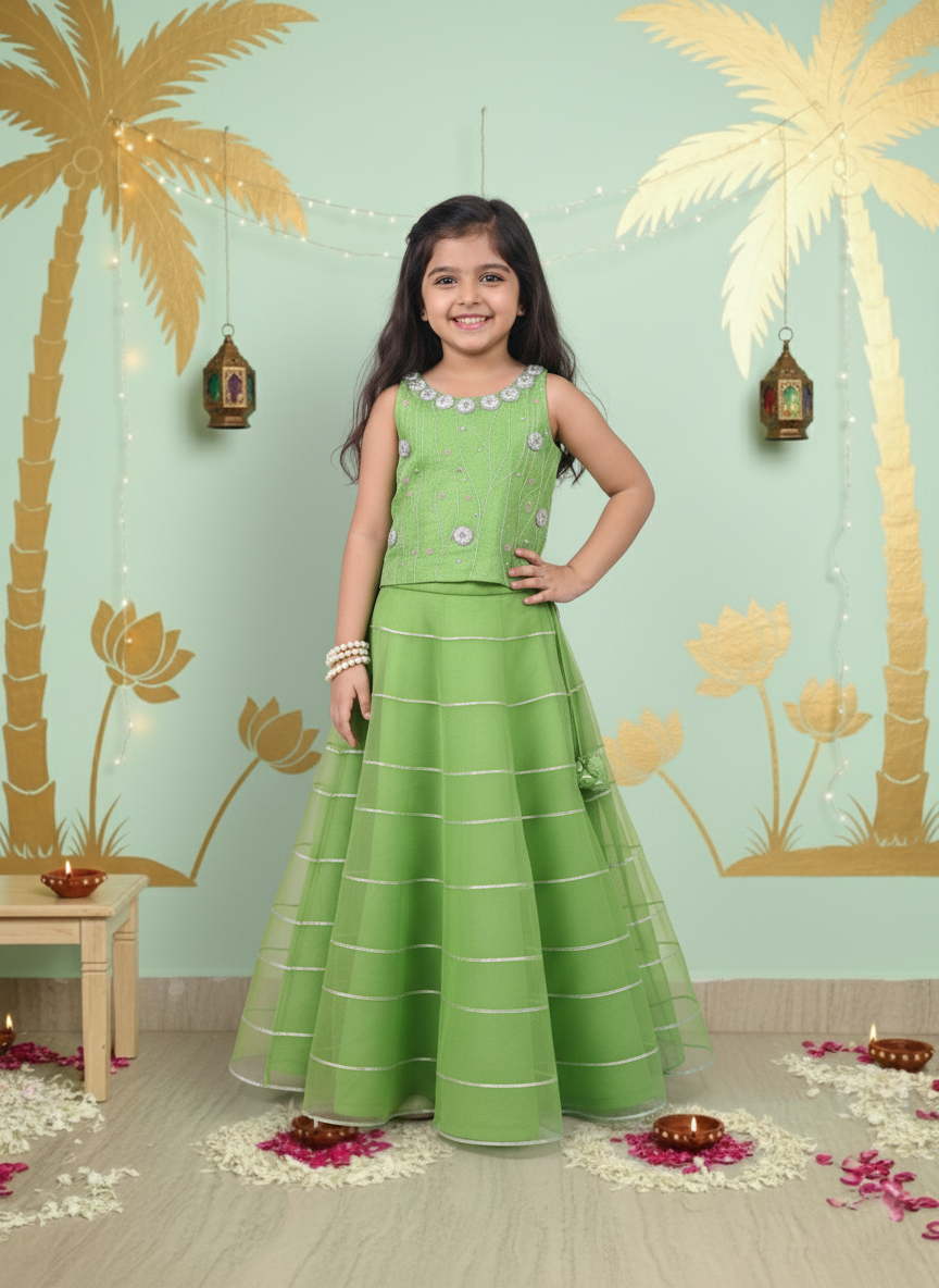 Lime Green Glimmer Top & Gota Lehenga Set for Girls
