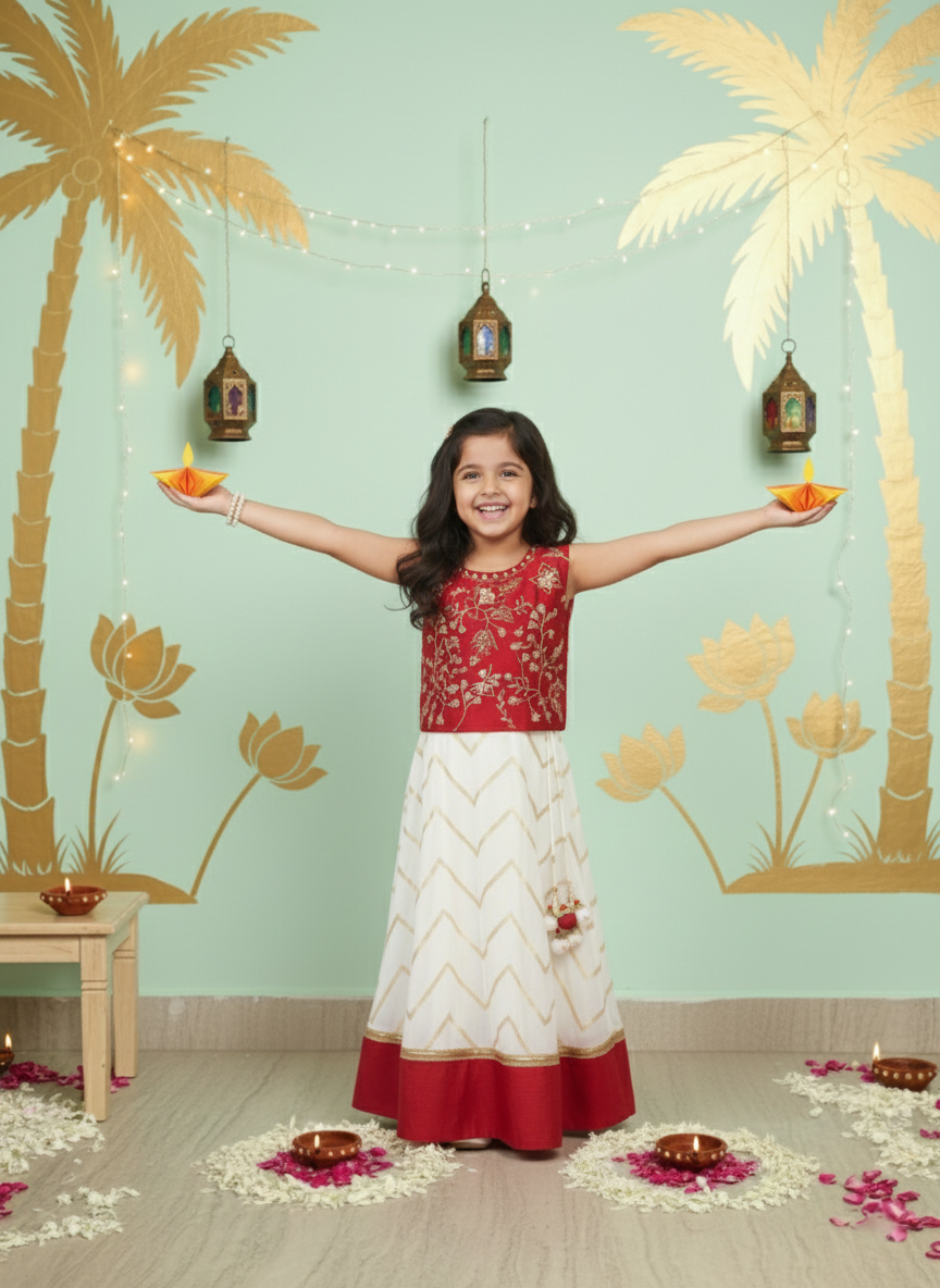 Ruby & Ivory Embroidered Top & Chevron Lehenga Set for Girls