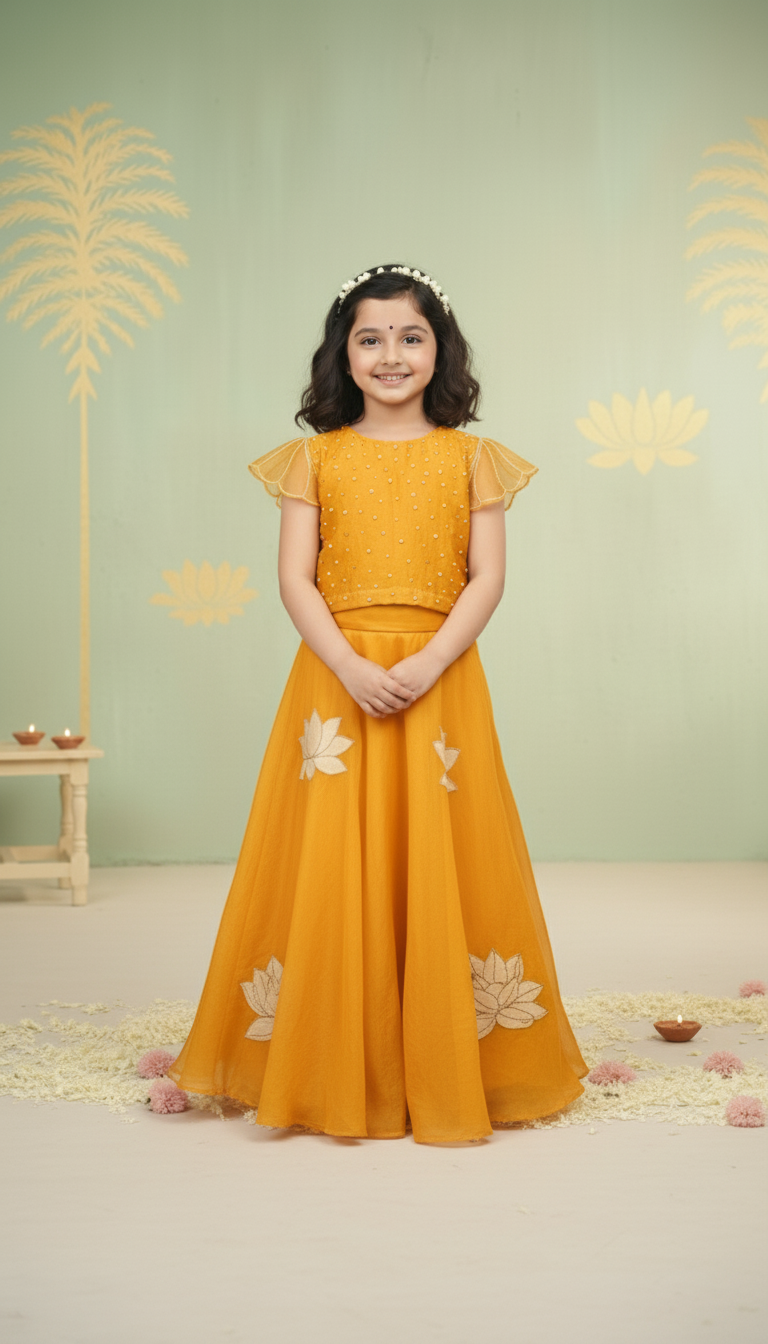 Kesar Pearl Top & Floral Skirt Set for Girls