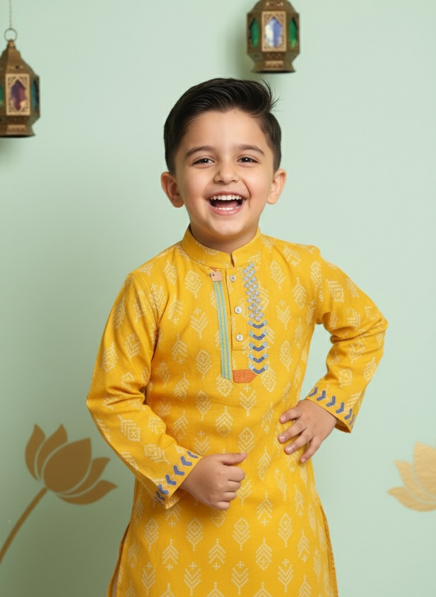 Sunny Delight Yellow Printed Kurta with White Pyjama