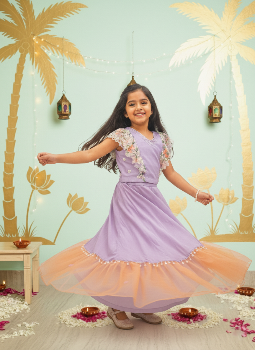 Lavender Butterfly Top & Peach Ruffle Skirt Set