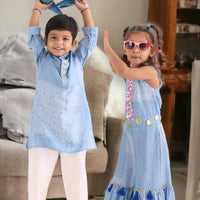 Twinning Set in Blue Printed Silk with Sequence Hand Embroidery