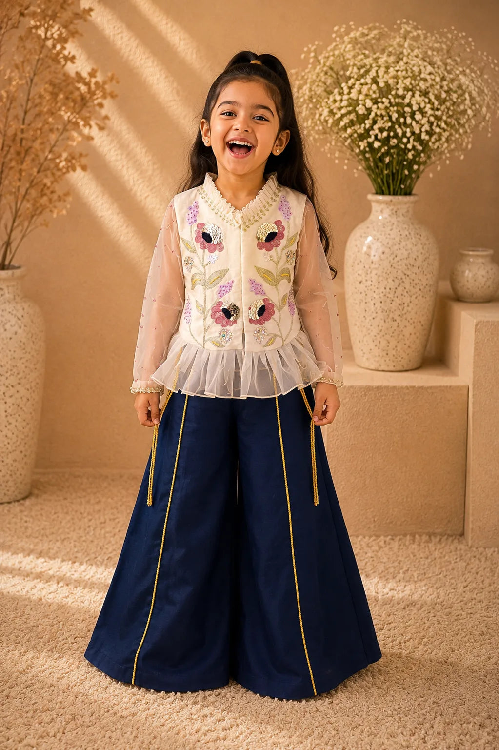 Dahlia — Embroidered Top & Palazzo Set in Ivory & Navy