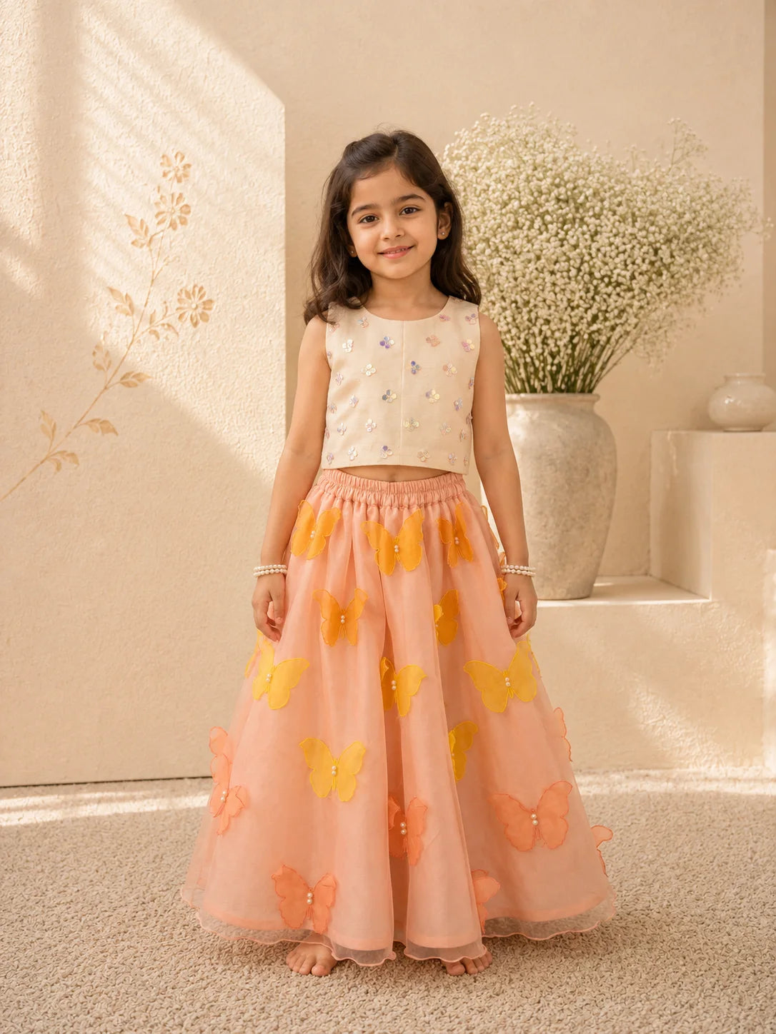 Flutterby — Sequin Crop Top & 3D Butterfly Lehenga in Ivory & Blush