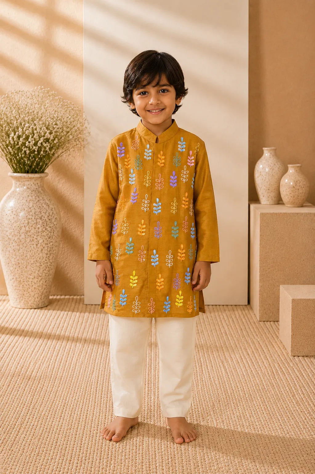 Gulzar — Embroidered Kurta & Pajama Set in Mustard