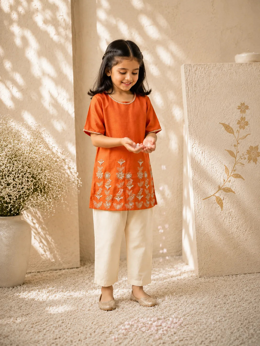 Vasant — Bird & Garden Embroidered Kurta Set in Rust for Girls