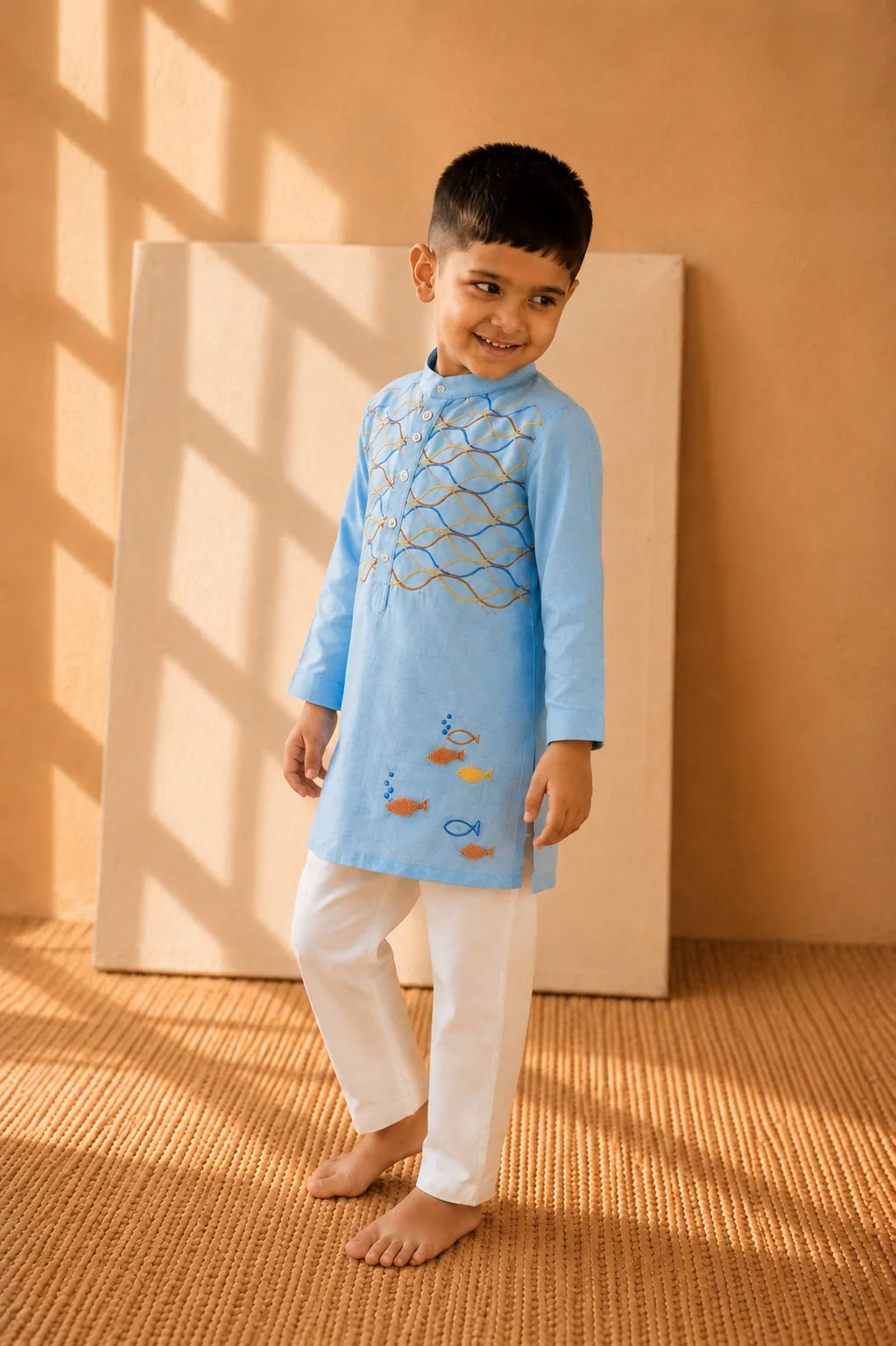 Oceane — Wave & Fish Embroidered Kurta & Pajama Set in Sky Blue