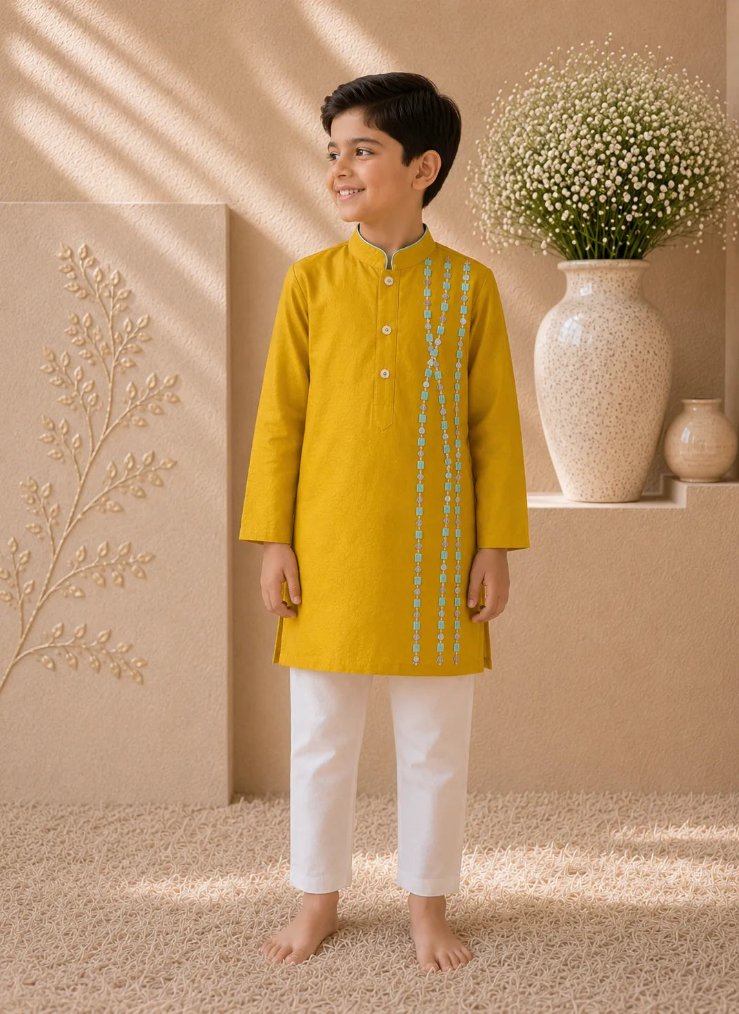 Confetti — Embroidered Kurta & Pajama Set in Mustard